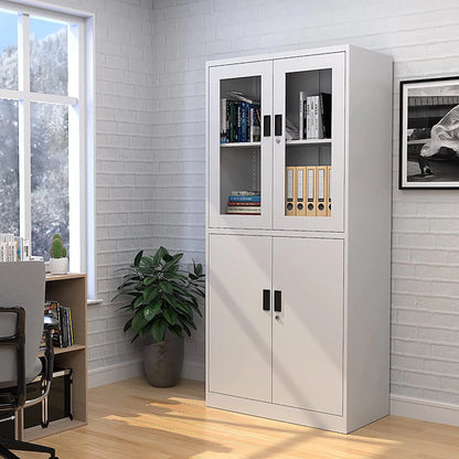 STANI Metal Cabinet with Lock, Tall Office Storage Cabinet with Glass Door, Lockable Black Steel Cabinet with 2 Adjustable Shelves for Home, Clinic, Pantry, Basement