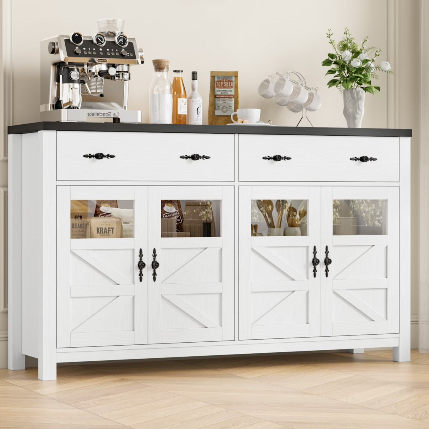 Homfa Farmhouse 55.1"WKitchen Buffet Cabinet with Storage Drawer & Adjustable Shelf, Glass Door Wood Sideboard Credenza Coffee Bar with for Dining Room Living Room, White & Black
