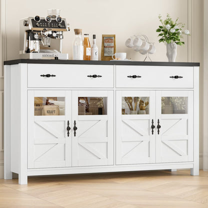 Homfa Farmhouse 55.1"WKitchen Buffet Cabinet with Storage Drawer & Adjustable Shelf, Glass Door Wood Sideboard Credenza Coffee Bar with for Dining Room Living Room, White & Black
