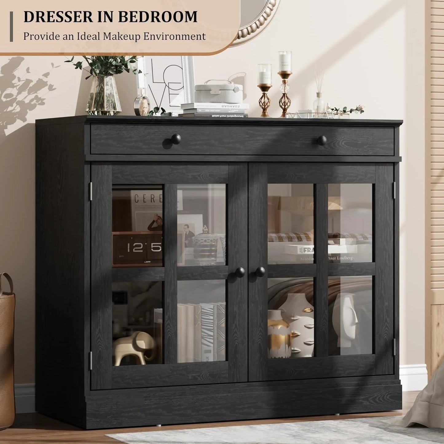 35.4" Sideboard Buffet Cabinets with Storage, Kitchen Coffee Bar Cabinet with Glass Door, Modern Sideboard Buffet with Drawer, White Sideboard Cabine for Living Room, Dining Room, Kitchen