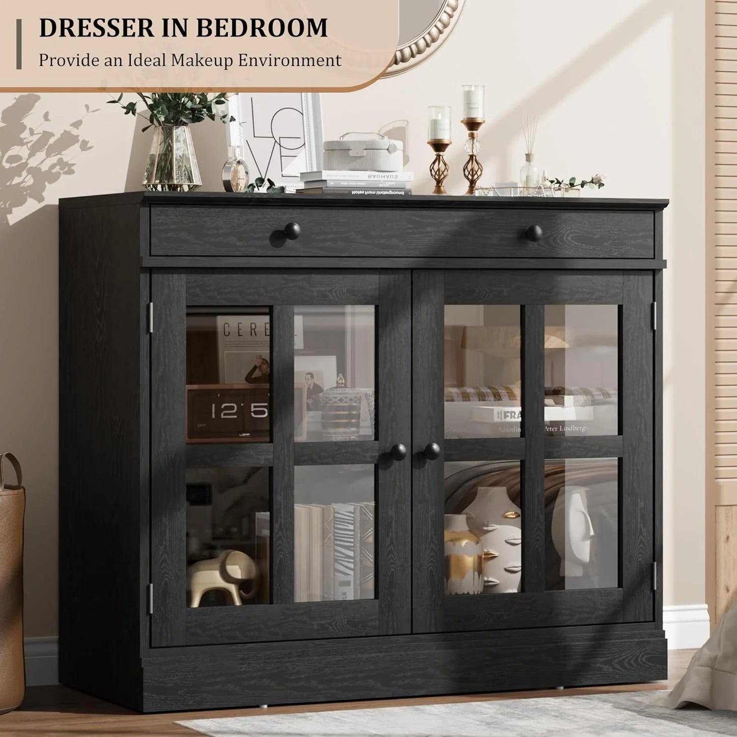 35.4" Sideboard Buffet Cabinets with Storage, Kitchen Coffee Bar Cabinet with Glass Door, Modern Sideboard Buffet with Drawer, White Sideboard Cabine for Living Room, Dining Room, Kitchen