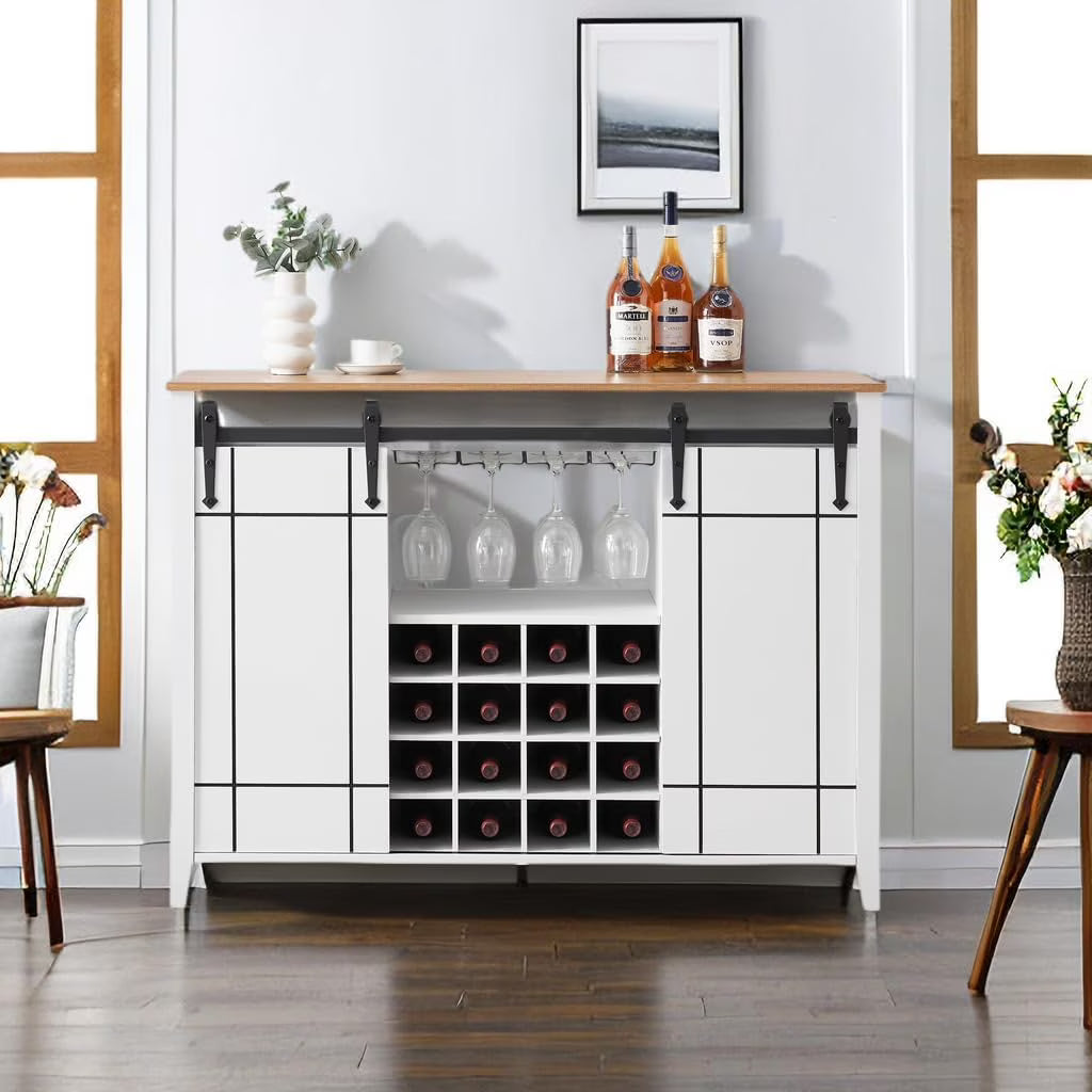 DSstyles 47" Coffee Bar Cabinet w/16 Wine & Glass Rack, Storage Shelves Farmhouse Wine Bar Cabinet w/Sliding Barn Door Rustic Large Buffet Sideboard Cabinet for Dining Room
