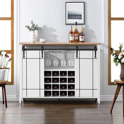 DSstyles 47" Coffee Bar Cabinet w/16 Wine & Glass Rack, Storage Shelves Farmhouse Wine Bar Cabinet w/Sliding Barn Door Rustic Large Buffet Sideboard Cabinet for Dining Room