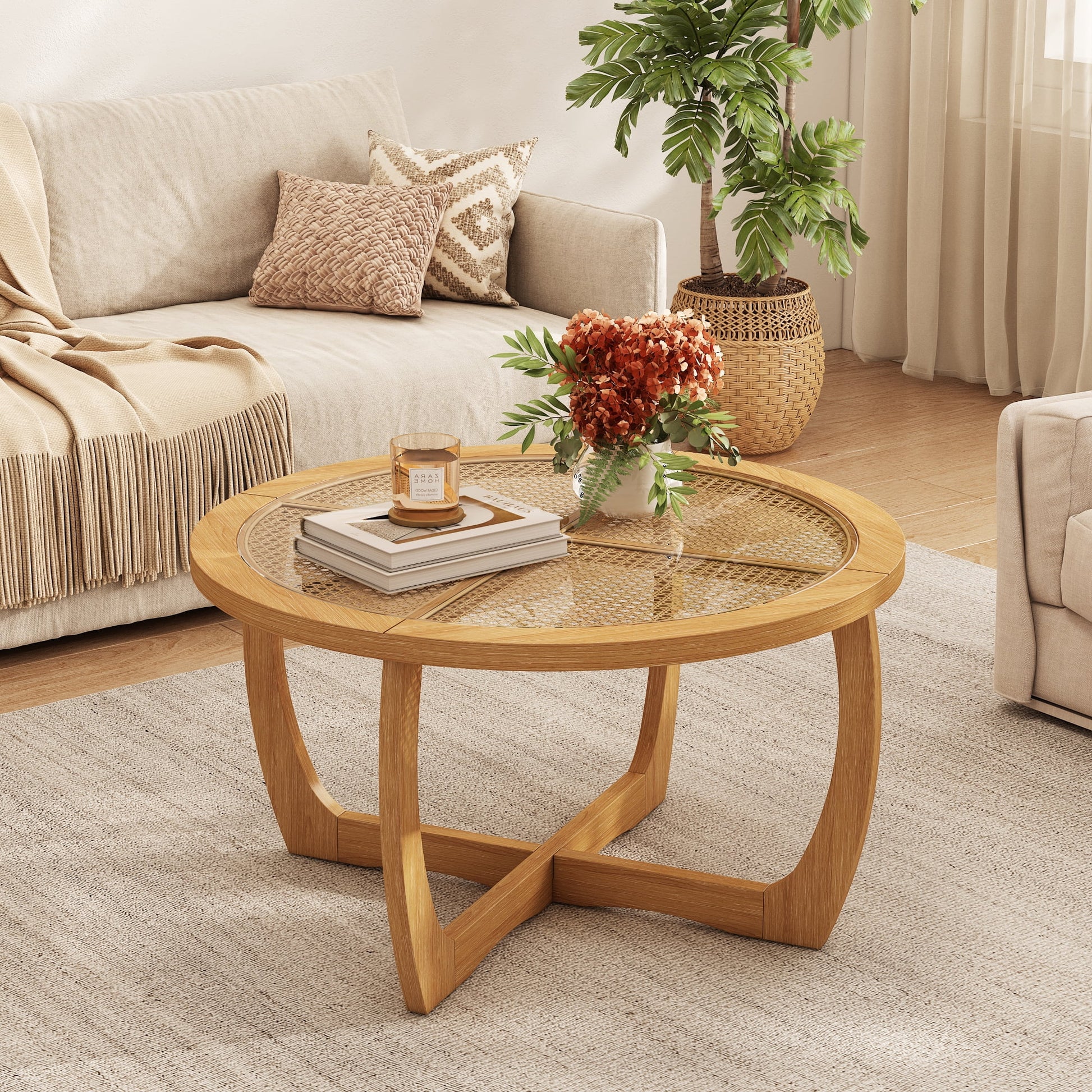 Round Wood Coffee Table with Glass Rattan Top, Wooden Circle Center Table with Curved Legs & Removeable Tempered Glasstop, Cocktail Table for Living Room, Light Brown 32.28" x 18.15"