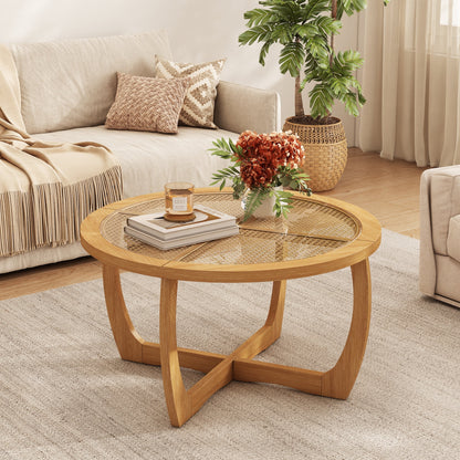 Round Wood Coffee Table with Glass Rattan Top, Wooden Circle Center Table with Curved Legs & Removeable Tempered Glasstop, Cocktail Table for Living Room, Light Brown 32.28" x 18.15"