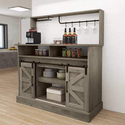 Uforic 47" Farmhouse Coffee Bar Cabinet, Buffet Sideboard with Power Outlets, Wine Glass Rack, Black Oak