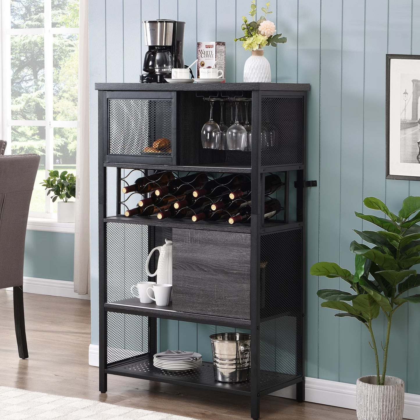 Industrial Bar Cabinet with Wine Rack, Rustic Wine Cabinet for Liquor and Glasses, Farmhouse Coffee Bar Cabinet with Storage, Rustic Buffet and Sideboard for Dining Room, Living Room, Kitchen, L0153