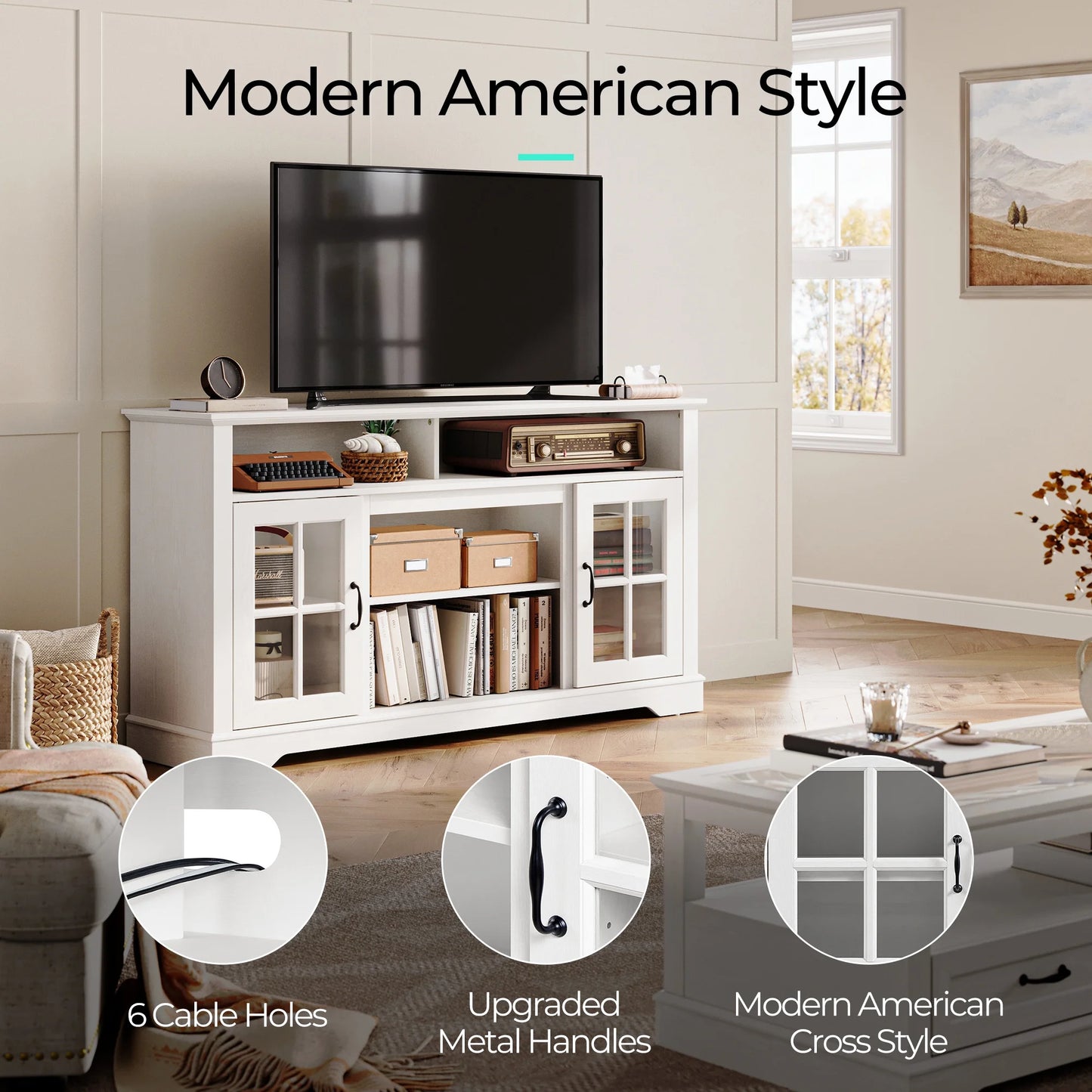 LINSY HOME Modern Glass TV Stand for TVs up to 65", LED Lights Home Entertainment Center with 2 Storage Cabinets and Adjustable Shelves, White