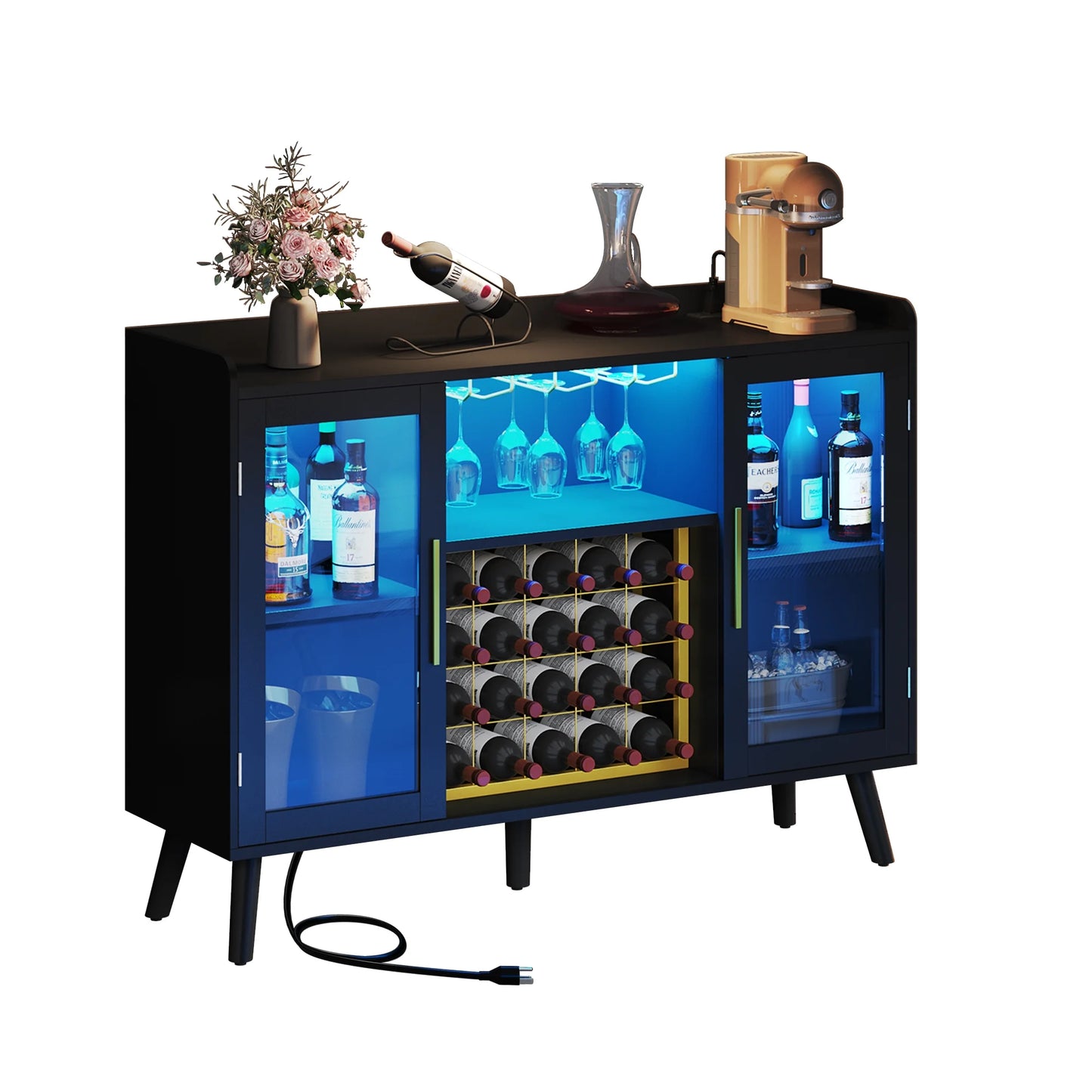 DEXTRUS Wine Bar Cabinet with Power Outlet & LED Light, Cabinet with Wine Rack & Glass Holder, White
