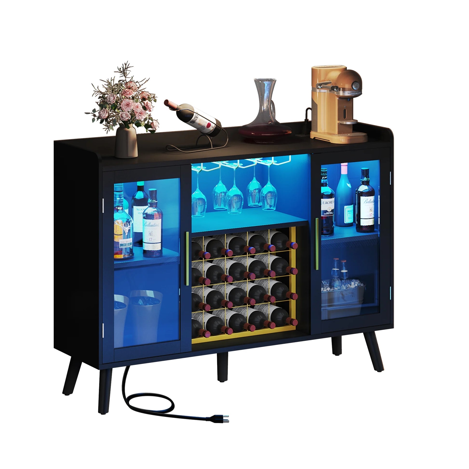 DEXTRUS Wine Bar Cabinet with Power Outlet & LED Light, Cabinet with Wine Rack & Glass Holder, White