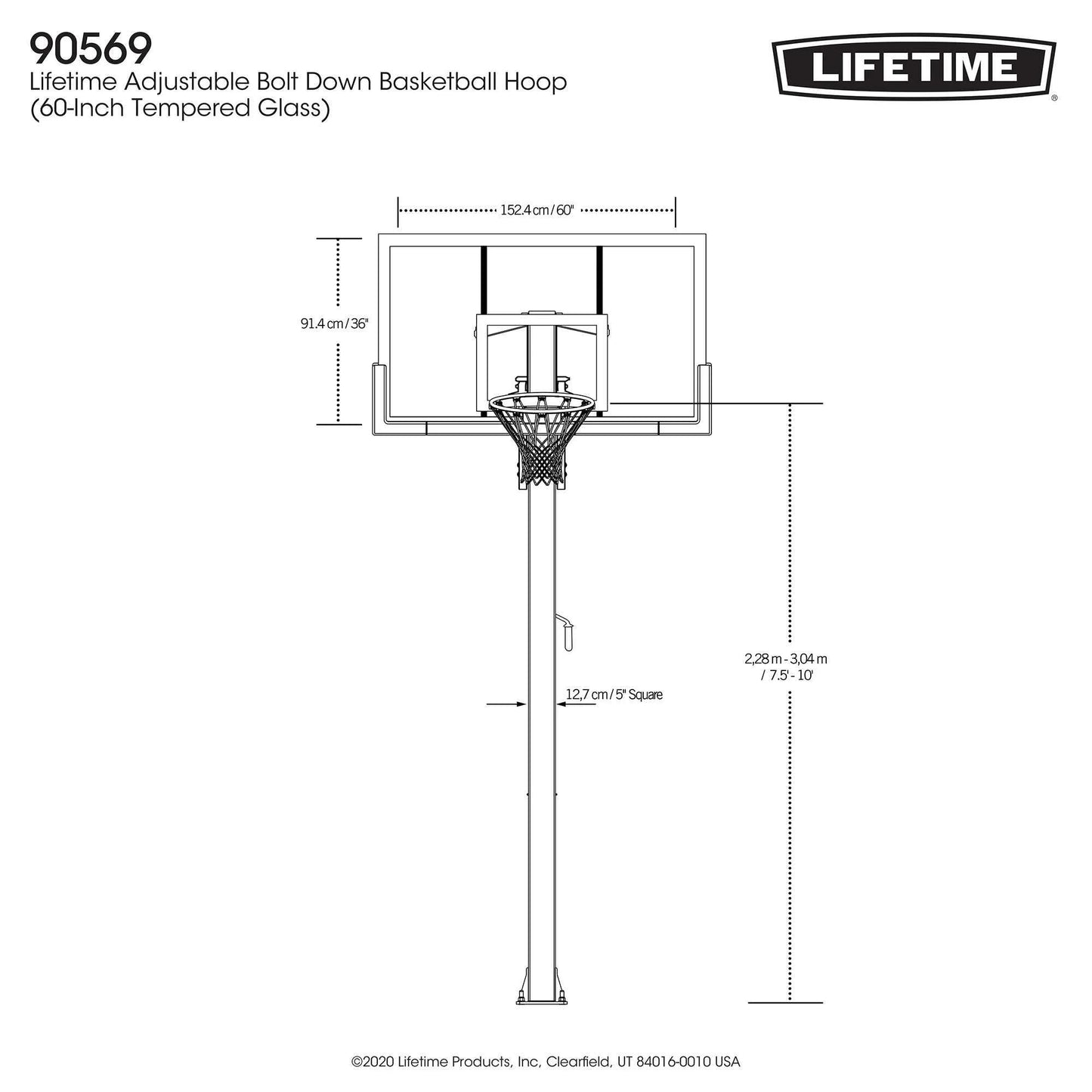 Lifetime 7.5ft. – 10ft. Adjustable Height 60” Tempered Glass Bolt-Down Basketball System (90569)