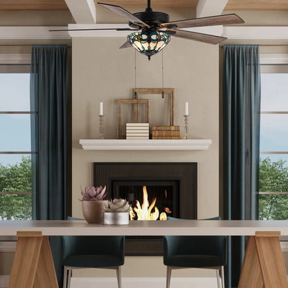 River of Goods Della Oil-Rubbed Bronze and Stained Glass 52-Inch 3-Light Remote-Controlled Ceiling Fan Ivory with Aqua