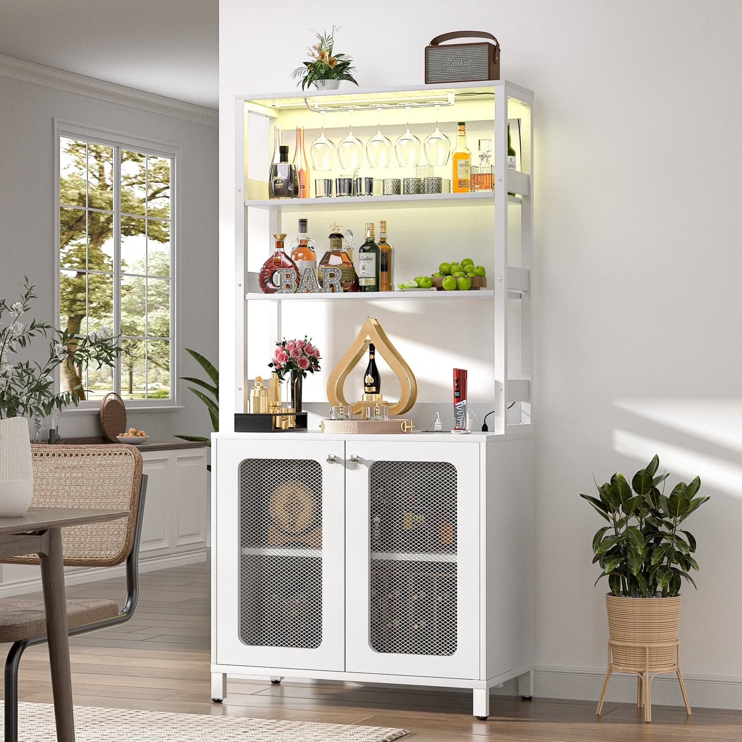 Homieasy Bar Cabinet with Power Outlets, 67" Tall Wine Cabinet Liquor Cabinet with LED Lights and Glass Holder, Coffee Bar Station for Kitchen, Dining Room, Living Room, Black