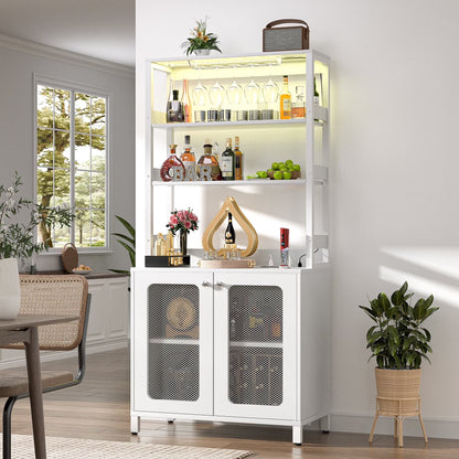 Homieasy Bar Cabinet with Power Outlets, 67" Tall Wine Cabinet Liquor Cabinet with LED Lights and Glass Holder, Coffee Bar Station for Kitchen, Dining Room, Living Room, Black