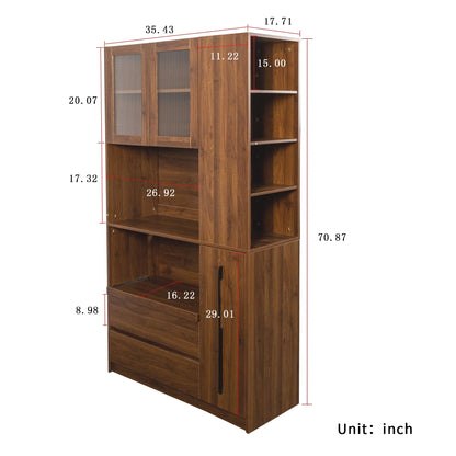 Kitchen Pantry Cabinet w/4-Tier Storage Cart, 2 Drawers & 2 Glass Doors, Tall Storage Cabinet w/Shelves