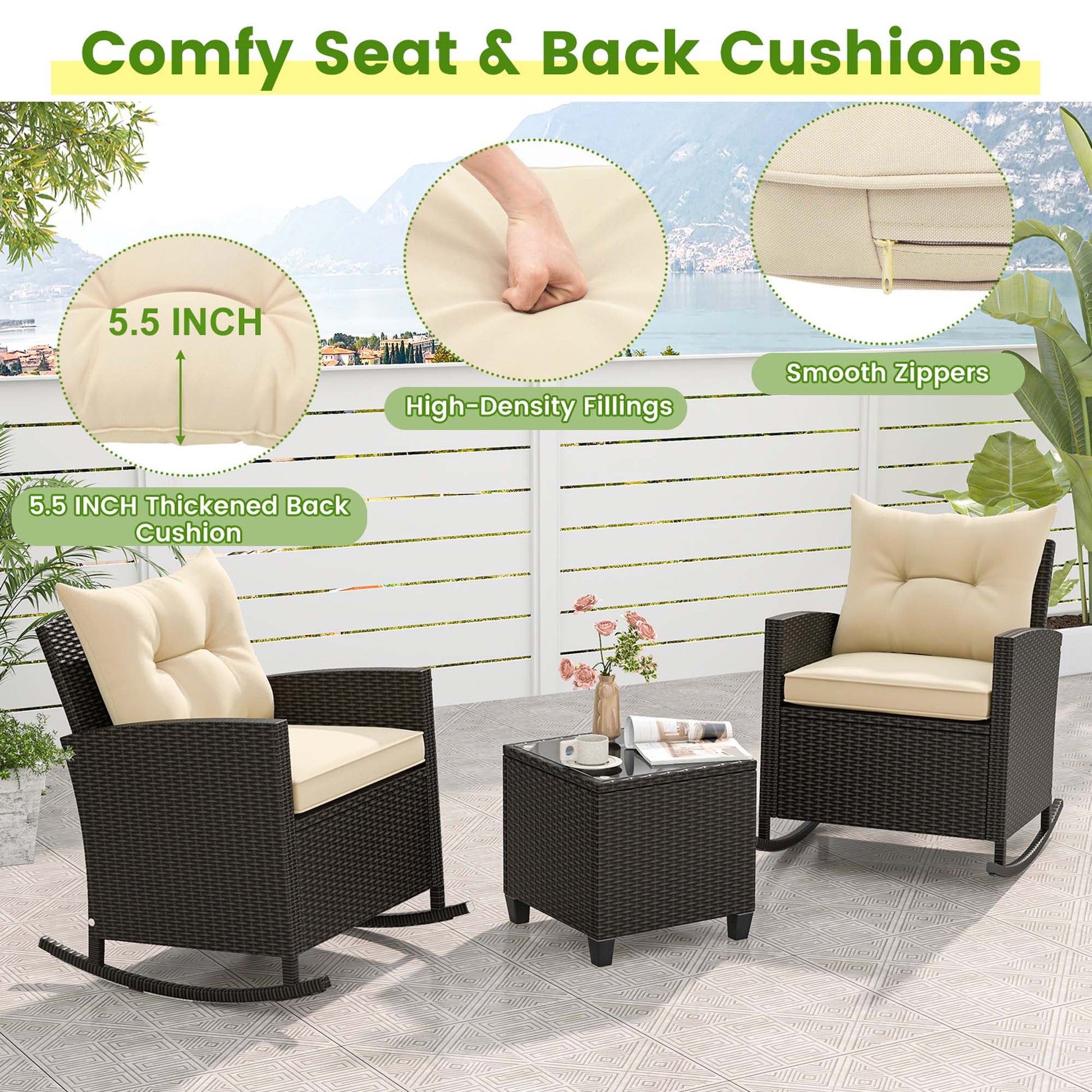 Costway 3 PCS Patio Wicker Rocking Set with Tempered Glass Table & Soft Cushions Outdoor Beige