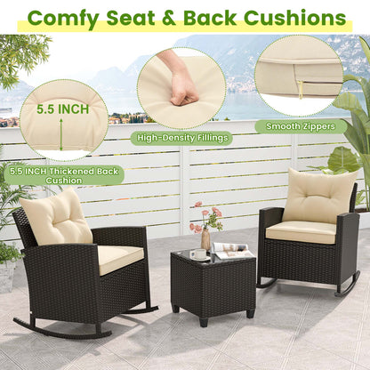 Costway 3 PCS Patio Wicker Rocking Set with Tempered Glass Table & Soft Cushions Outdoor Beige