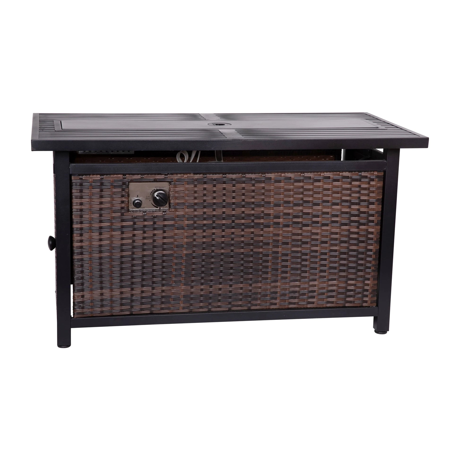Flash Furniture Olympia 45" x 25" Outdoor Propane Gas 50,000 BTU Fire Pit Table with Stainless Steel Tabletop, Lid, Glass Beads, Wicker Base-Espresso/Black