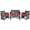 Costway 4PCS Patio Rattan Conversation Glass Table Top Cushioned Sofa Red