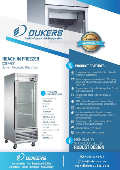 Dukers D28F-GS1 Bottom Mount Glass Single Door Commercial Reach-in Freezer