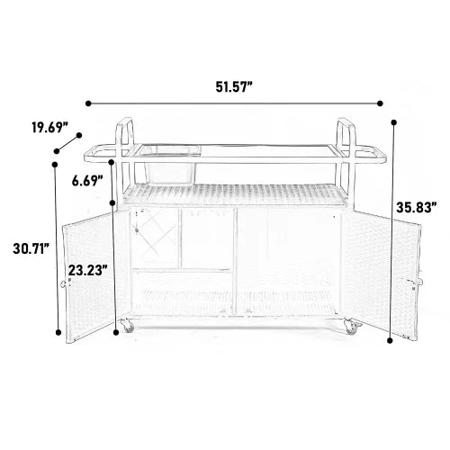 Yiweny Outdoor Rolling Wicker Bar Cart, Large Portable Outdoor Wicker Bar Table with Cabinet Storage and Glass Countertop, Patio Wicker Serving Bar Cart for Pool, Party, Backyard, Black