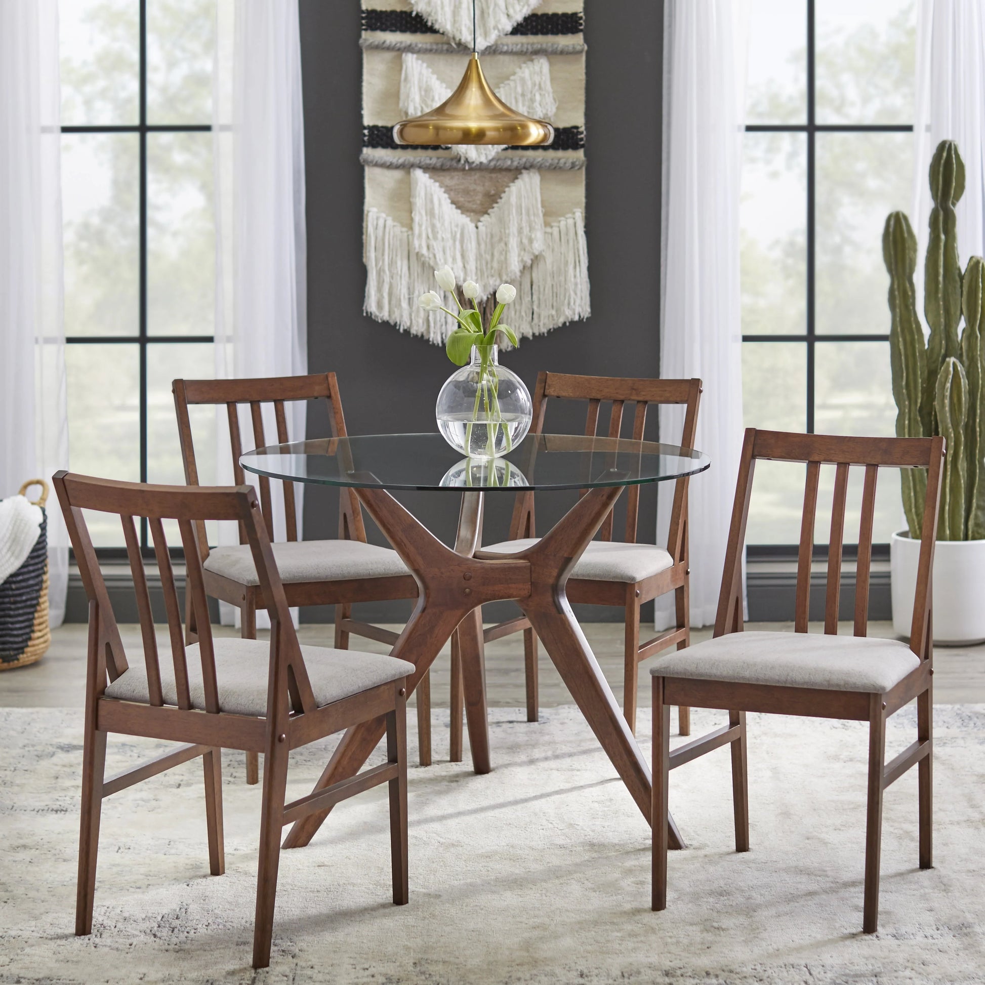 TMS Trita Round Dining Table, Walnut and Tempered Glass Top