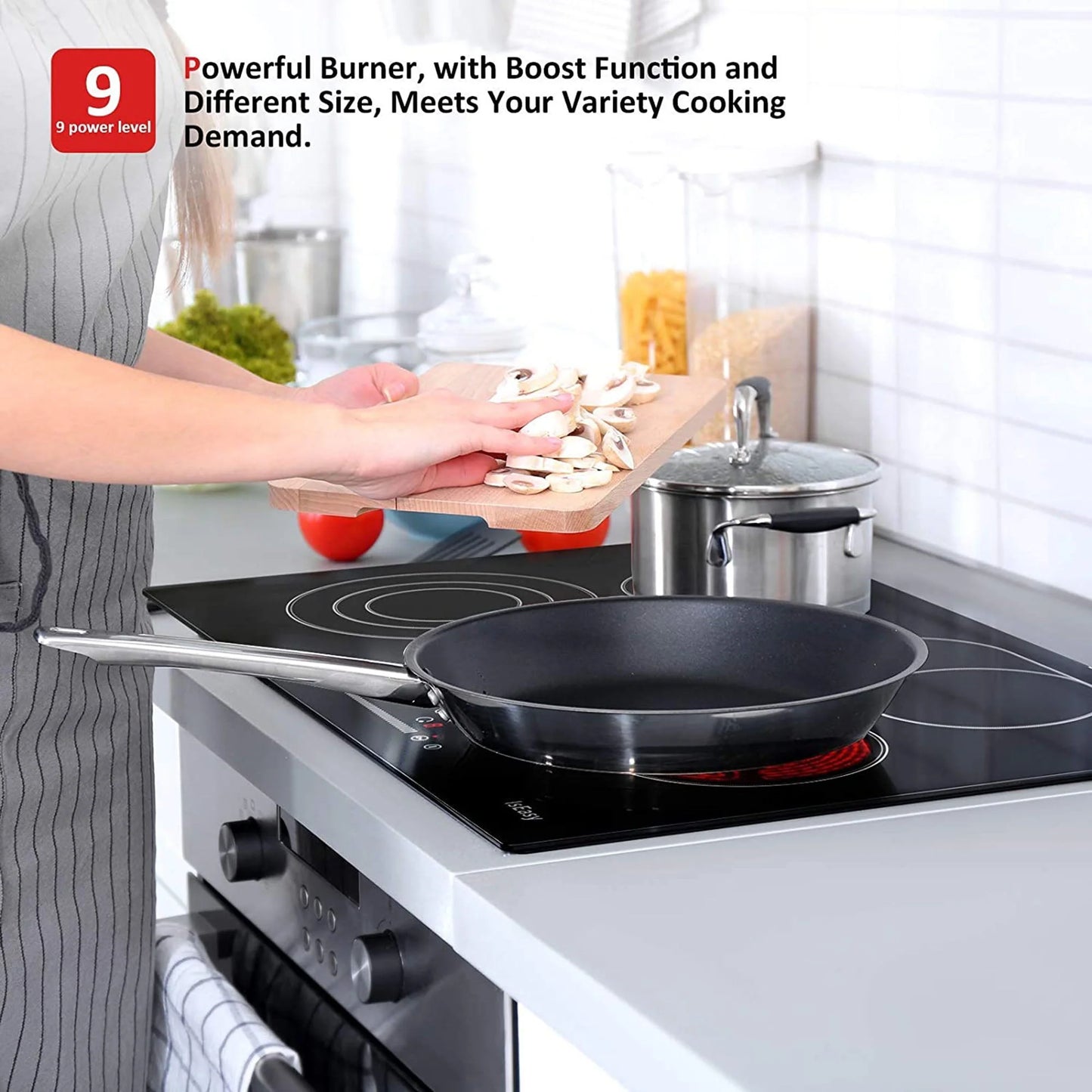 IsEasy Electric Ceramic Cooktop, 30" 4 Burners Built-in Countertop Burners Cooker Satin Glass in Black Touch Sensor Control, Timer, Child Safety Lock, 9 Power Levels, 220-240V 7200W