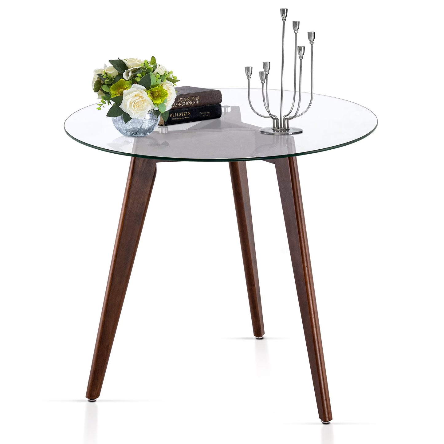 Ivinta Modern Round Glass Home Kitchen Small Dining Table Brown Oak Legs 31.5 inch