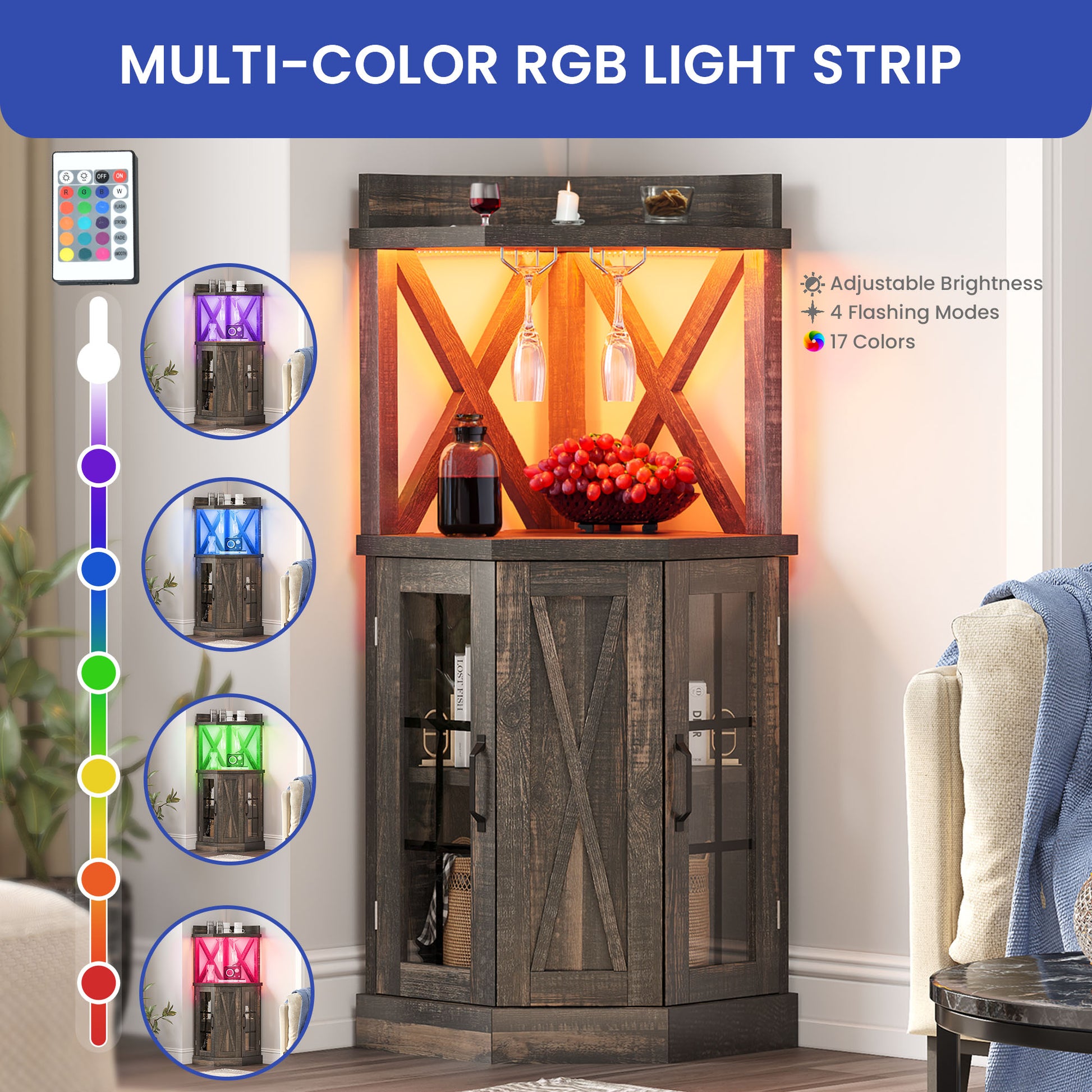 ModFusion 53" Corner Bar Cabinet with LED Light, Glass Door, Wine Rack, and Storage Shelves - Black Oak