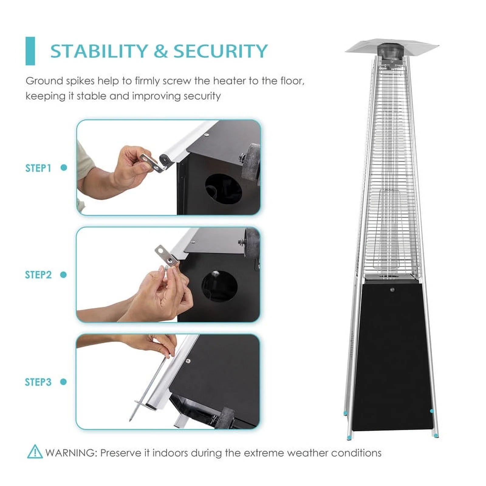 Nuu Garden Pyramid Patio Heater with Wheels, 48,000 BTU Outdoor Heaters for Outside Use, Quartz Glass Tube Propane Heater, Black