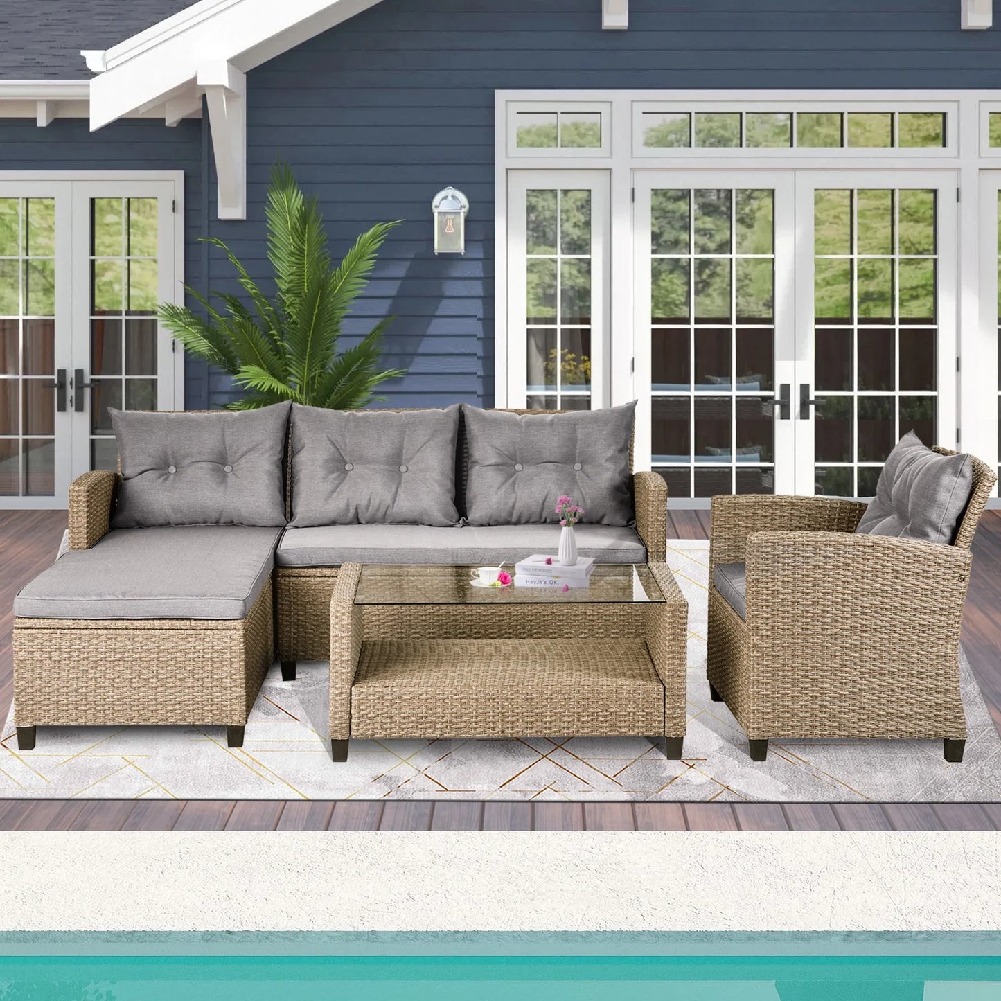 Rattan Patio Sofa Set, 4 Pieces Outdoor Sectional Furniture, All-Weather PE Rattan Wicker Patio Conversation, Cushioned Sofa Set with Glass Table for Patio Garden Poolside Deck