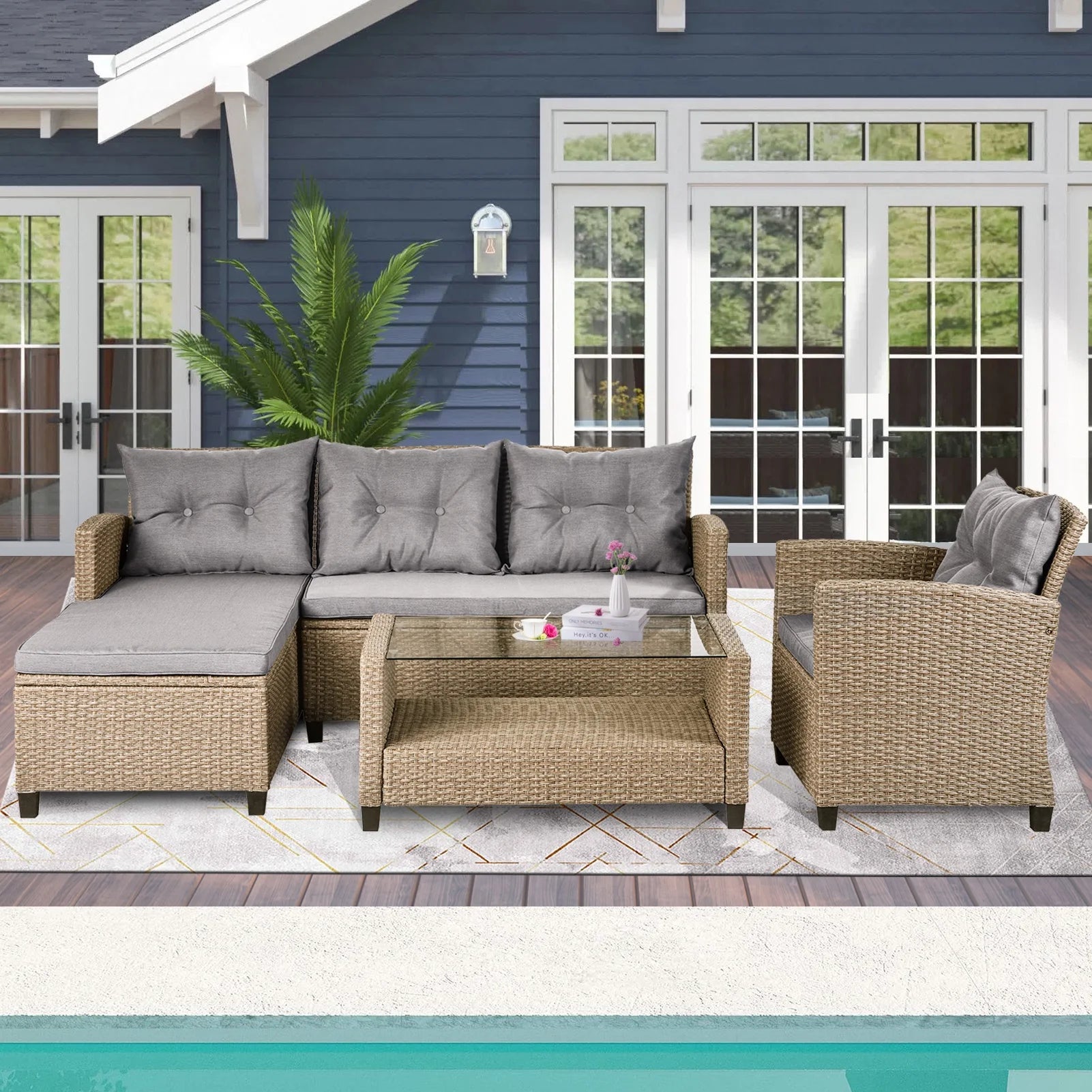 Rattan Patio Sofa Set, 4 Pieces Outdoor Sectional Furniture, All-Weather PE Rattan Wicker Patio Conversation, Cushioned Sofa Set with Glass Table for Patio Garden Poolside Deck