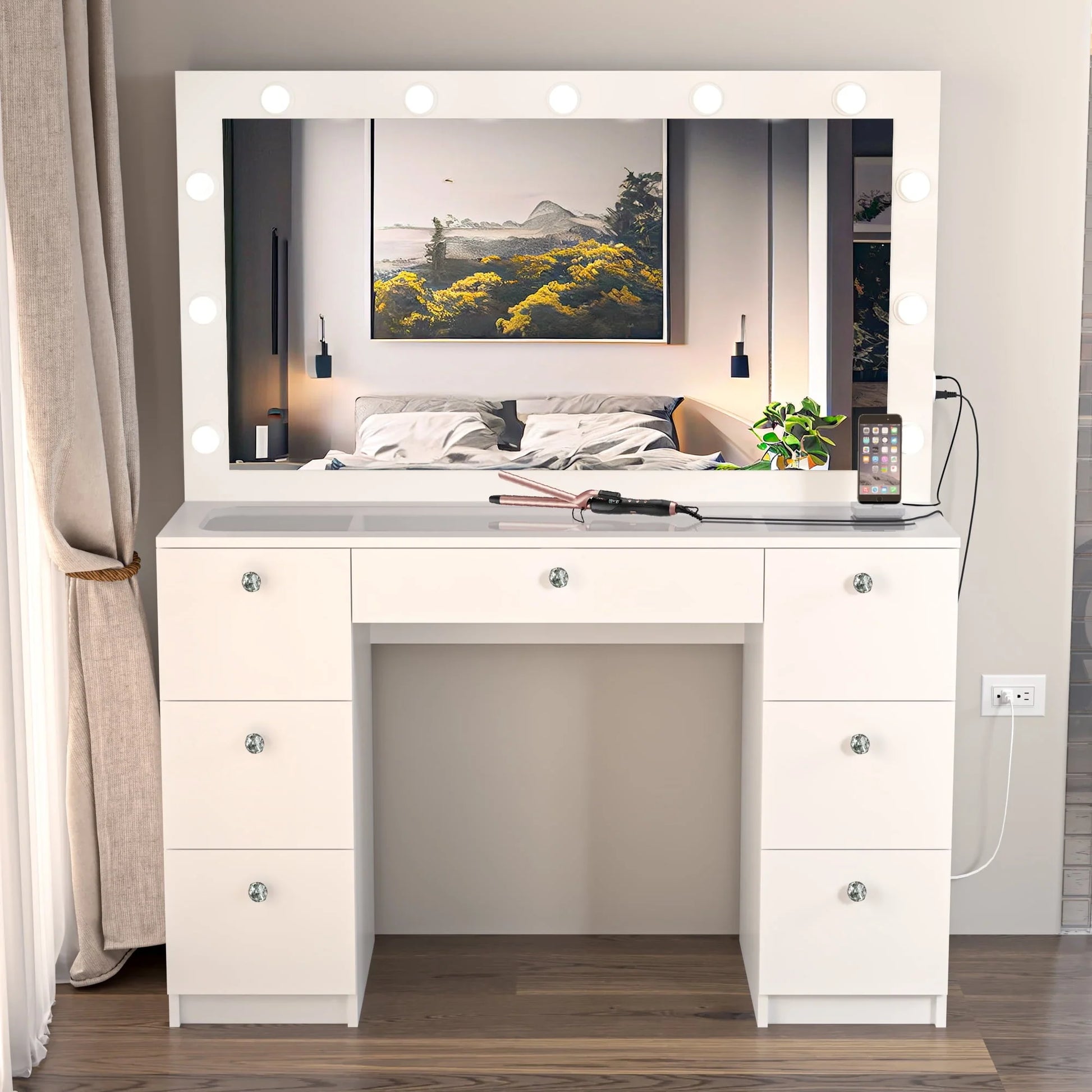 Ibbie Modern Vanity Table 7 Drawers Lights Mirror Crystal Knobs Glass Top White Painted for Bedroom