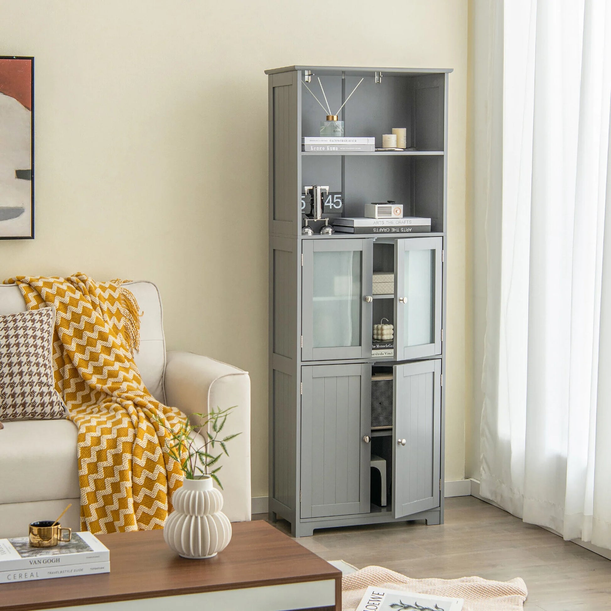 Gymax Bathroom Tall Storage Cabinet Linen Tower w/Glass Door & Adjustable Shelf Grey