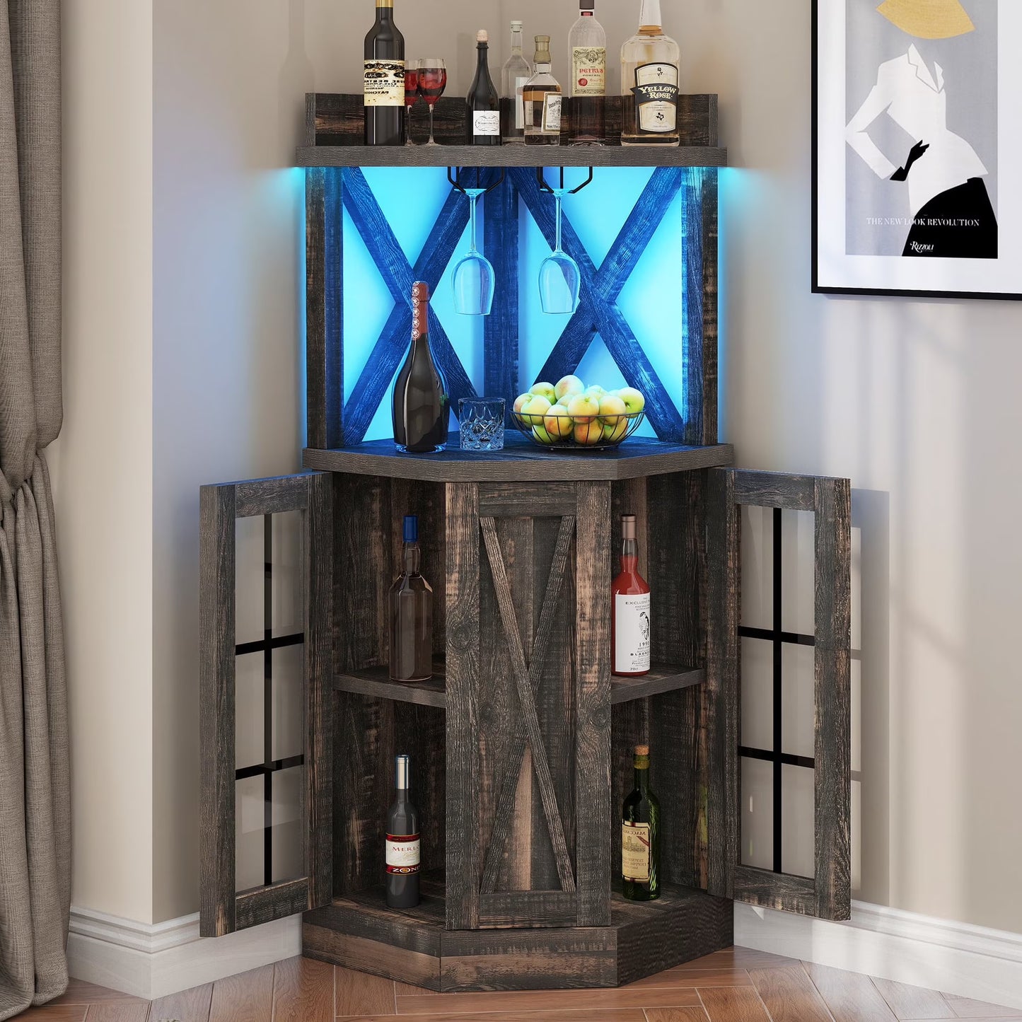 DEXTRUS 72" Corner Bar Unit, 3 Tier Freestanding Wine Bar Cabinet with LED Lights & Glass Holder & Adjustable Shelf, Black Oak
