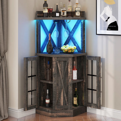 DEXTRUS 72" Corner Bar Unit, 3 Tier Freestanding Wine Bar Cabinet with LED Lights & Glass Holder & Adjustable Shelf, Black Oak