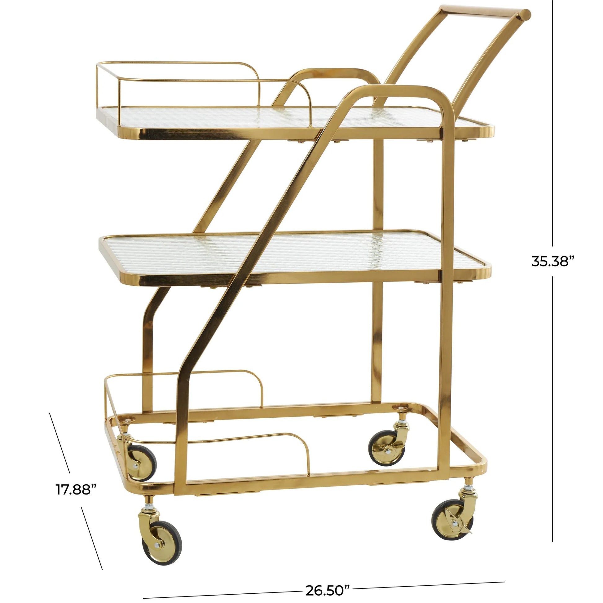 DecMode 27" x 35" Gold Metal Rolling Glass Shelf 3 Tier Bar Cart with Side Guards and Handle, 1-Piece