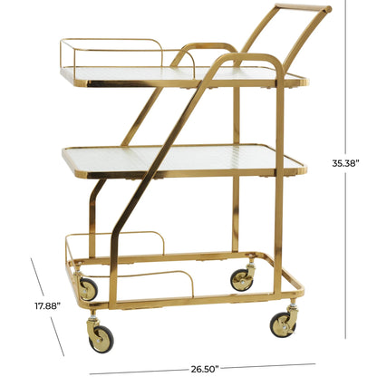 DecMode 27" x 35" Gold Metal Rolling Glass Shelf 3 Tier Bar Cart with Side Guards and Handle, 1-Piece