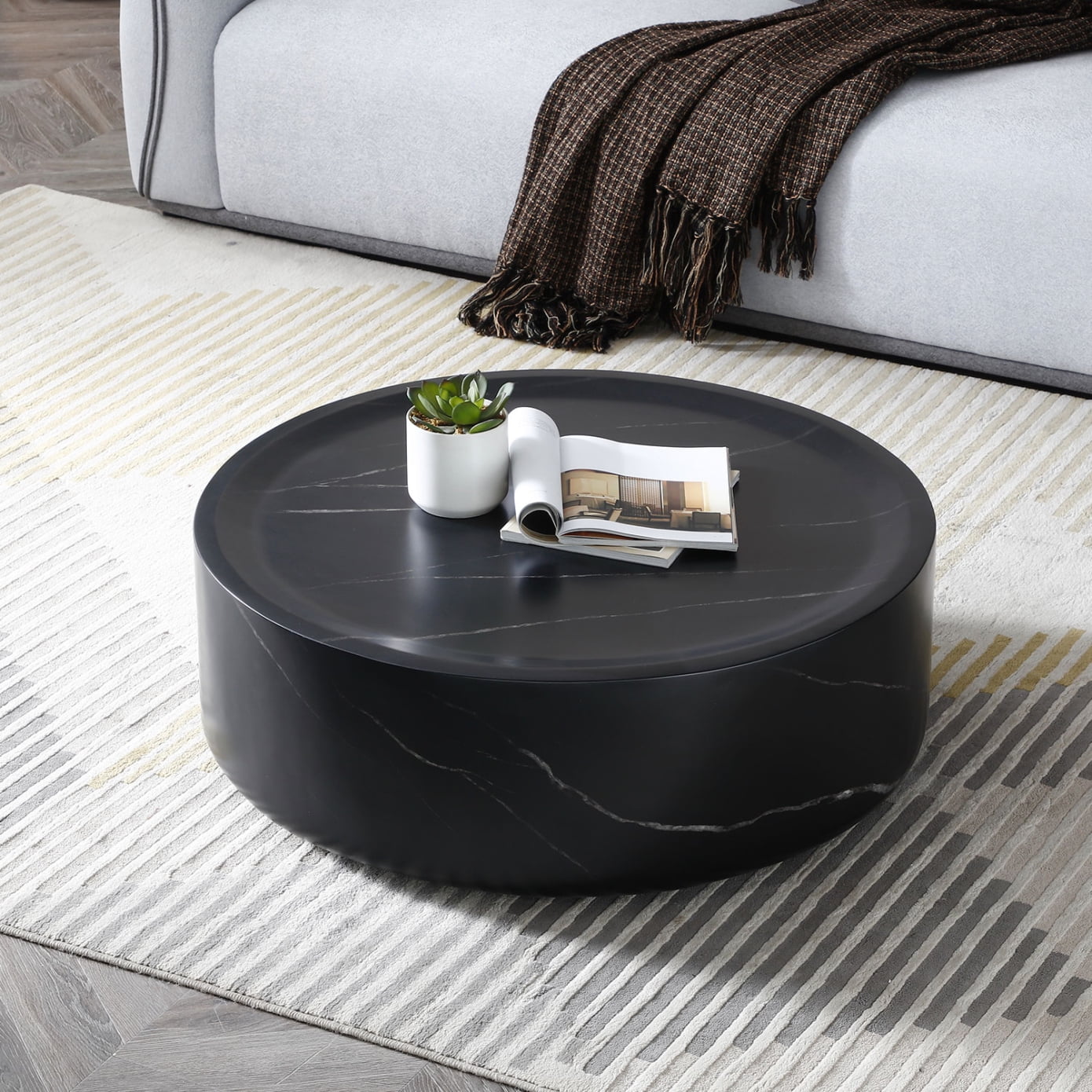 31.49'' Round Coffee Table with Marble Texture, Modern Low Drum Circle Fiberglass Coffee Table, Side Table Accent Table for Living Room, Outdoor, No Need Assembly, Marble