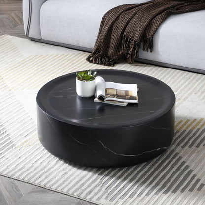 31.49'' Round Coffee Table with Marble Texture, Modern Low Drum Circle Fiberglass Coffee Table, Side Table Accent Table for Living Room, Outdoor, No Need Assembly, Marble