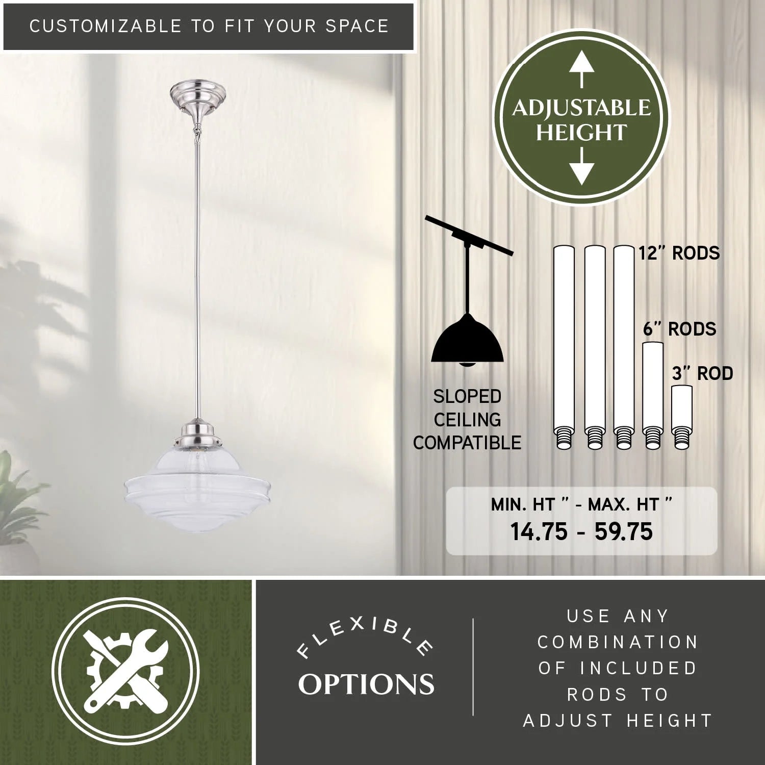 Huntley 1 Light Satin Nickel Farmhouse Schoolhouse Pendant Clear Glass