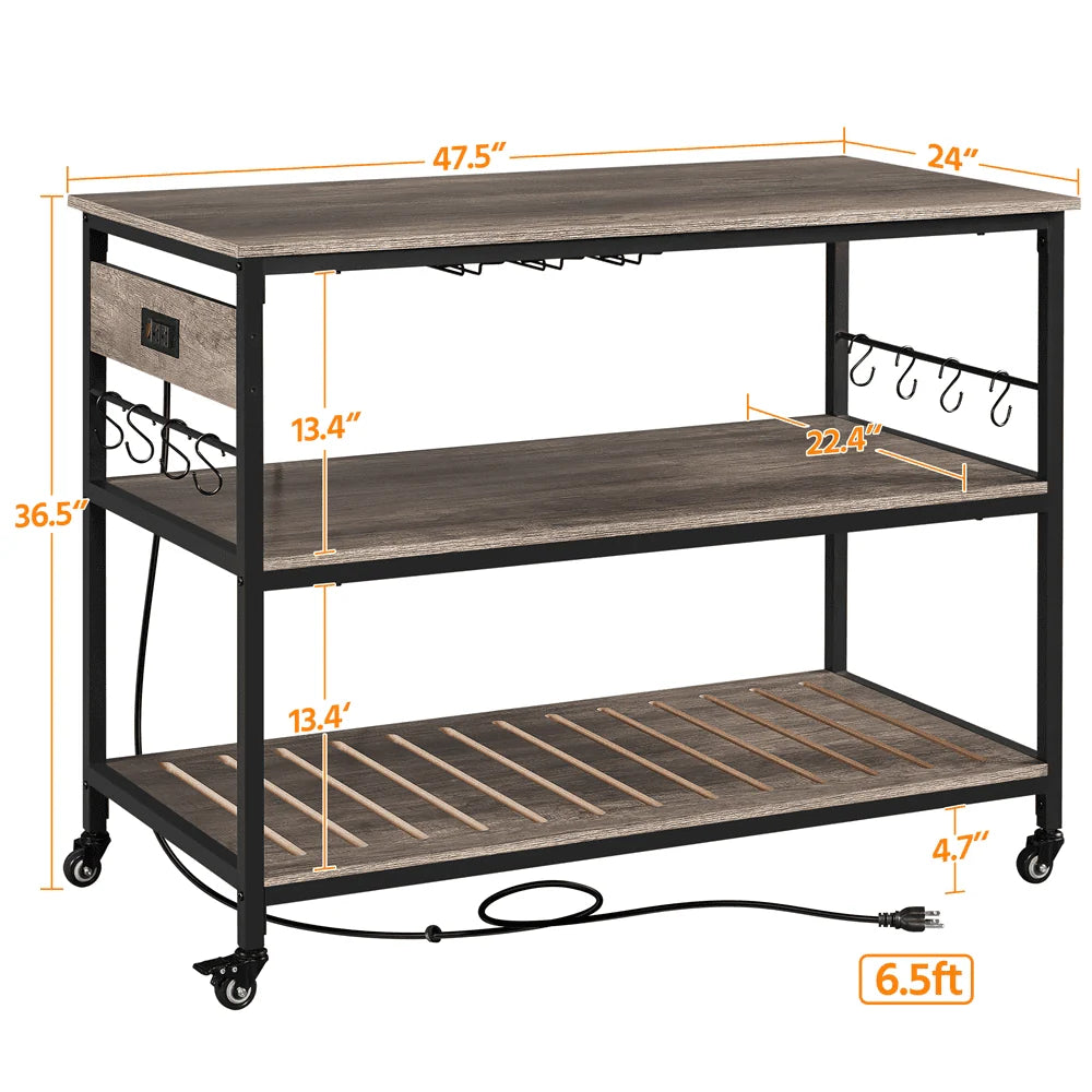 Topeakmart 3-Tier Rolling Kitchen Cart with Glass Holder and Power Outlets for Kitchen, Taupe Wood