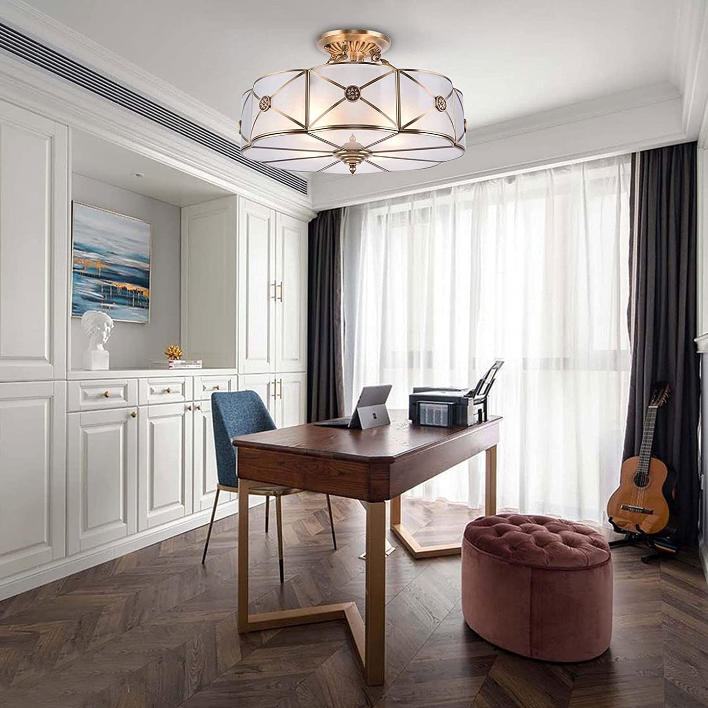 Miumaeov Semi Flush Mount Ceiling Light Fixture 4-Light White Drum Glass Boho Decor Bedroom Kitchen Dining Living Room Entry Foyer Hallway W 18'' X H12''