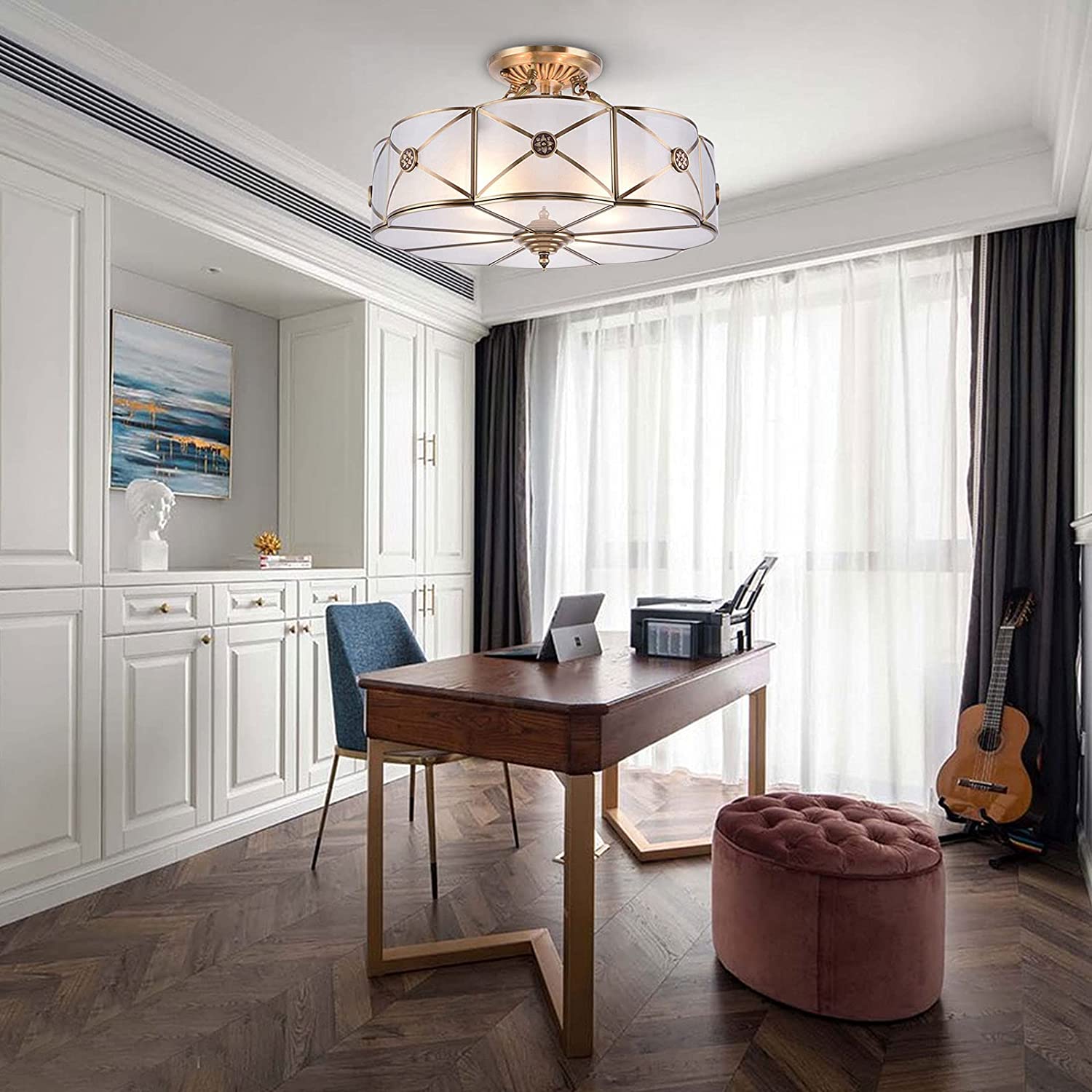 Miumaeov Semi Flush Mount Ceiling Light Fixture 4-Light White Drum Glass Boho Decor Bedroom Kitchen Dining Living Room Entry Foyer Hallway W 18'' X H12''