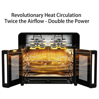 PwZzk 25.4QT Dual Zone Air Fryer Toaster Oven Combo, French Glass Door, XL Capacity, 100-430° F Temperature Range, 16 Preset Functions, LED Display, Dual Fan, 360° Heat Circulation, Rotisserie, Bake,