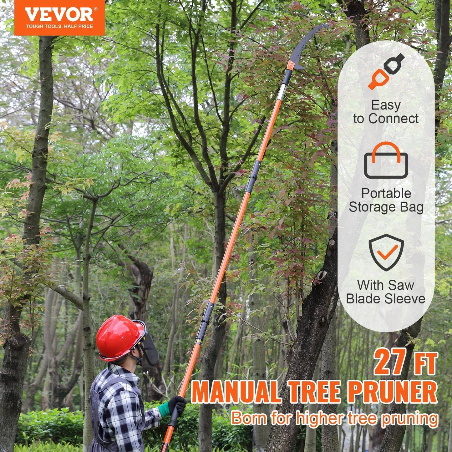 Fiberglass Pole Saw 7.3-27FT, Manual Tree Trimmer for Tall Branches, Sharp Steel Blade, Perfect for Pruning Palms, Shrubs & Garden Maintenance
