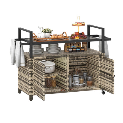 Dextrus Large Outdoor Storage Cabinet, 70 Gallon Outdoor Storage Cart with Movable Wheels & Black Glass Table Top,for Patio Garden,Gray