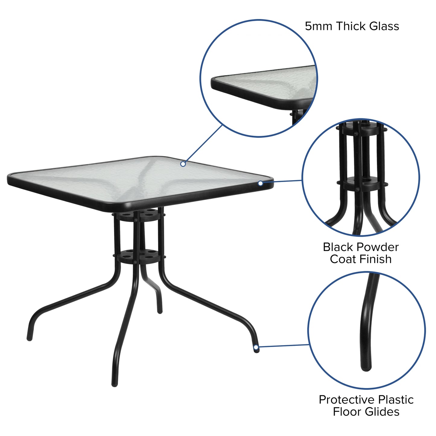 Emma + Oliver 31.5" Square Tempered Glass Metal Table