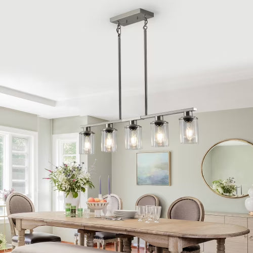 ACE-LIGHTS,Modern Industrial 5-Light Chandelier with Clear Glass Shades(Bulbs Not Included),Hanging Ceiling Light Fixture for Living Room,Dining Room,Kitchen Island(Black)