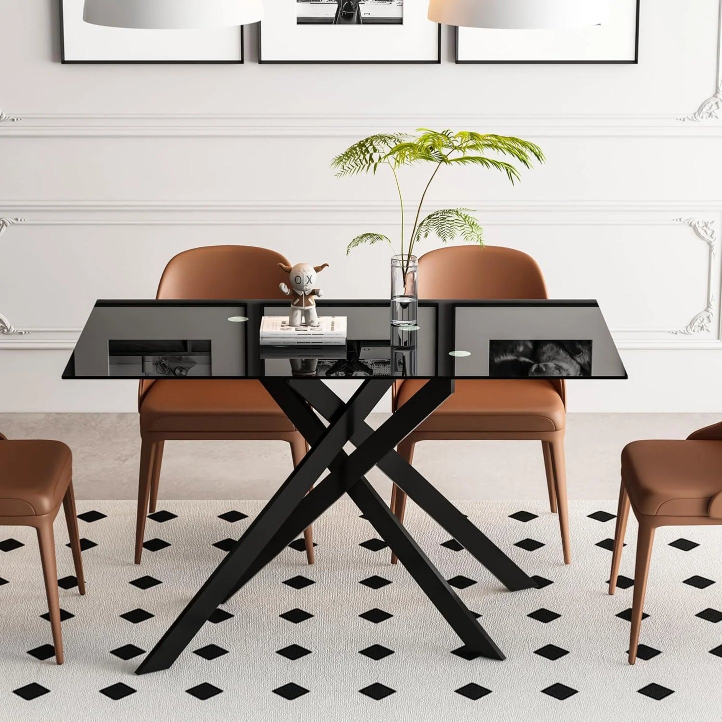 SSYBAB Glass Dining Table for 4 People, 51.2 Inches Rectangular Glass Kitchen Table with Silver Steel Legs, Modern Dining Room Table for Dinner Kitchen Dining Room